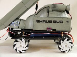 A robot with Red Dwarf Starbug inspired bodywork and mechanum wheels